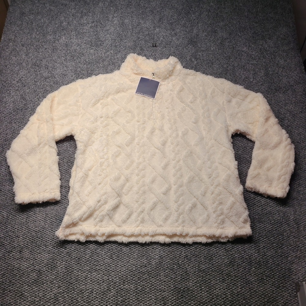 Jason Maxwell Womens Egret Faux Shearling Quarter Zip Pullover Fleece Large NEW